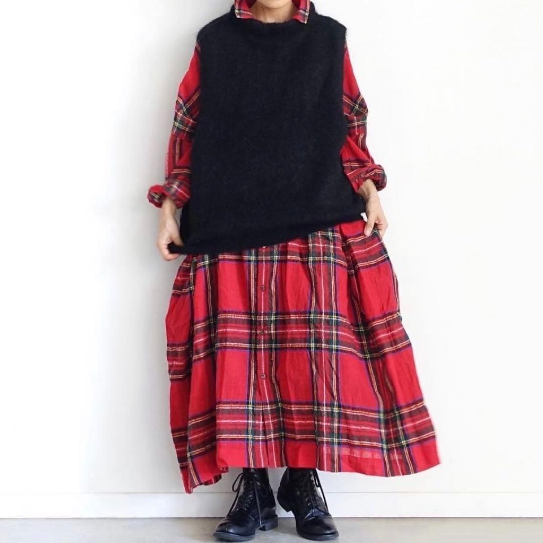ichi Antiquités ウールタータンチェック シャツワンピース