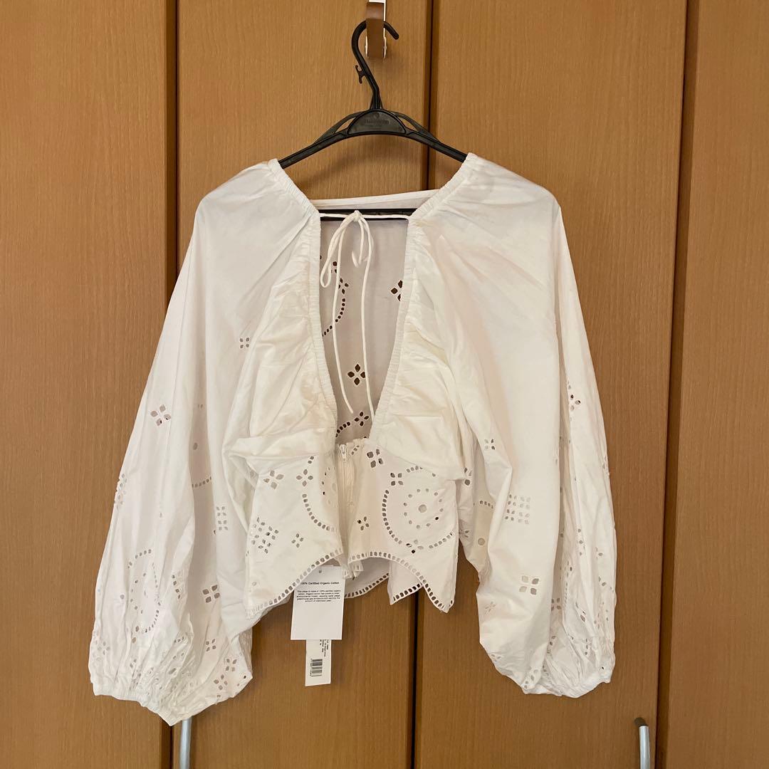【新品タグ付き】GANNI／ガニー　イギリス刺繍ブラウス　34 白 ※送料込み