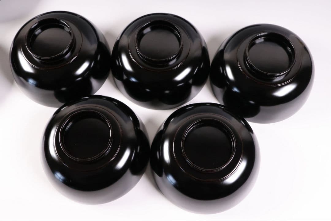 【MB197】輪島塗 天然木漆塗 黒塗椀 五客 蒔絵 大和絵 源氏絵 人物 昭和