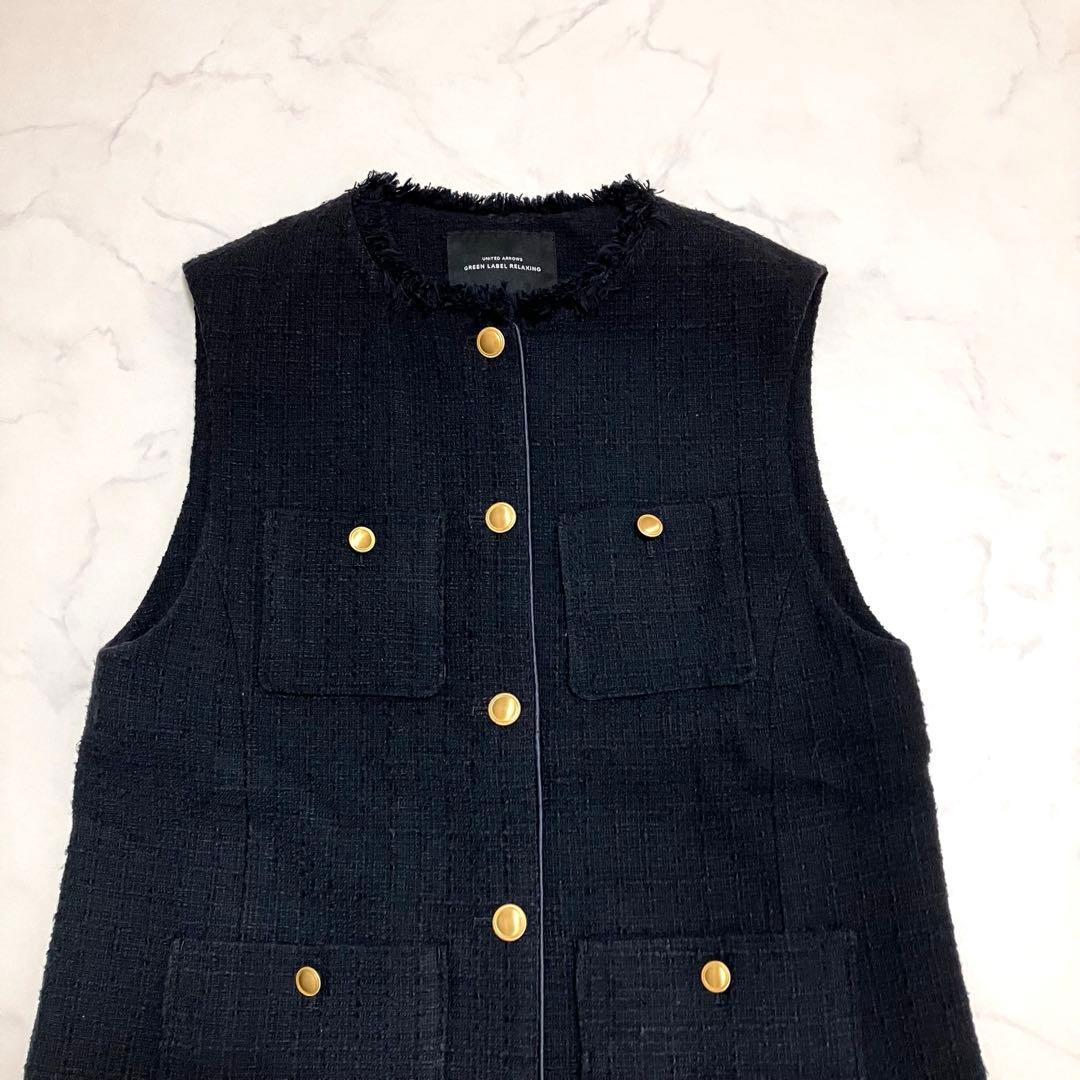 ツイードフリンジポケットベスト　ツイードベスト　ネイビー　金ボタン　セレモニー