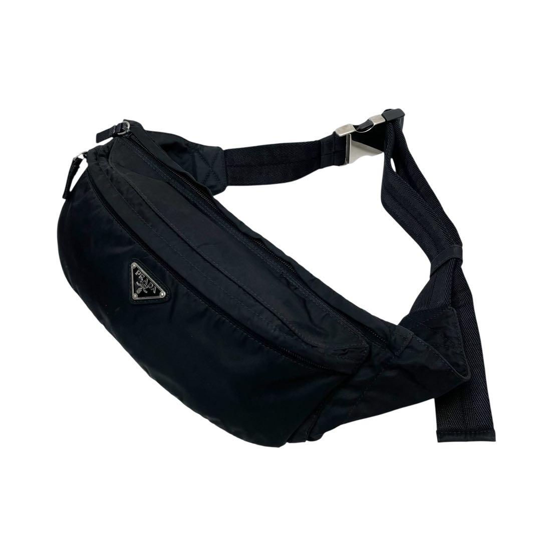 良品 プラダ ナイロン 三角プレートロゴ ウエスト ボディ バッグ ブラック.