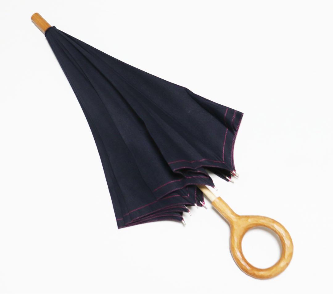 新品 日本製 デニム調生地使用 上品木製わっかハンドル 高級長傘 日傘 8本骨