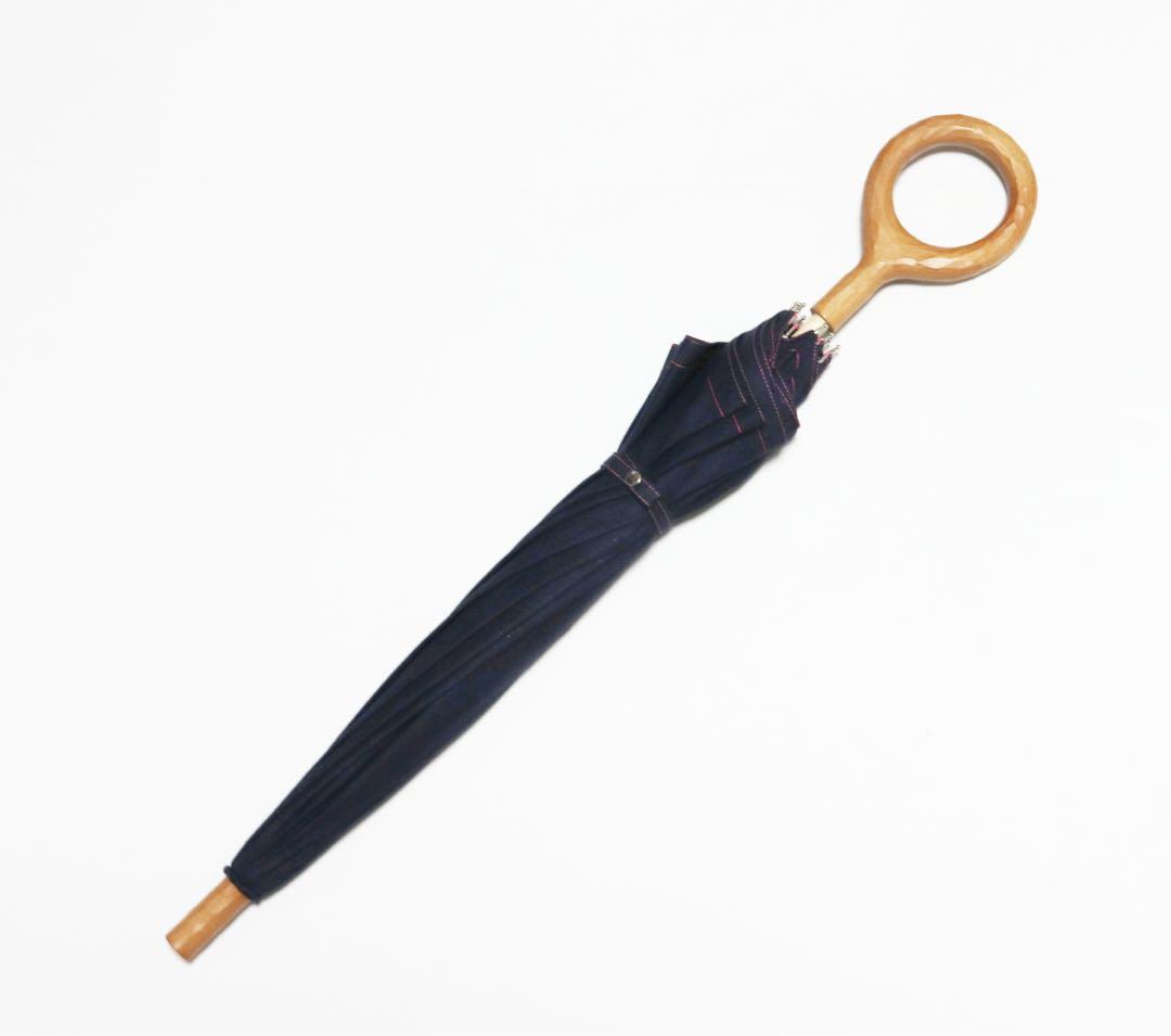 新品 日本製 デニム調生地使用 上品木製わっかハンドル 高級長傘 日傘 8本骨