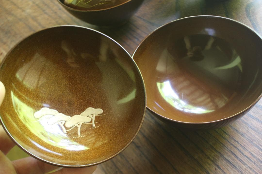 時代逸品！時代総梨地に優美な山水楼閣蒔絵の映えるお椀5点（検輪島塗蒔絵椀懐石椀