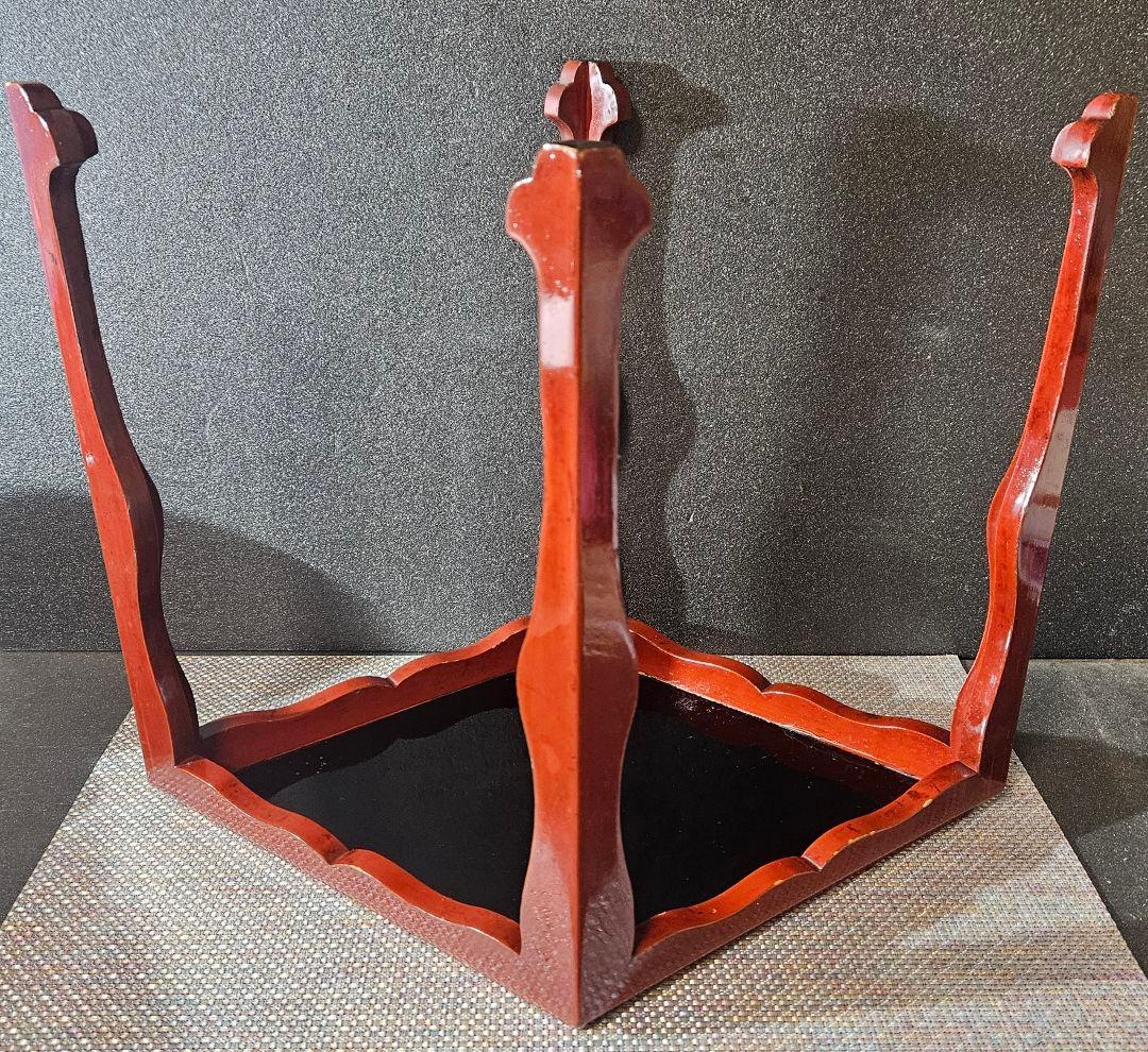 明治時代　木製　朱漆塗　四脚　香炉台　花台　盆栽台　台子　茶棚　茶道具　オブジェ