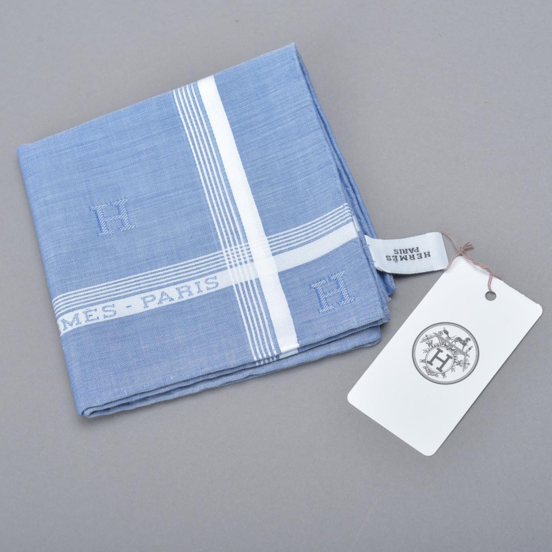 新品エルメス HERMES ハンカチ Hレリーフ ブルーシエル×ホワイト Hロゴ