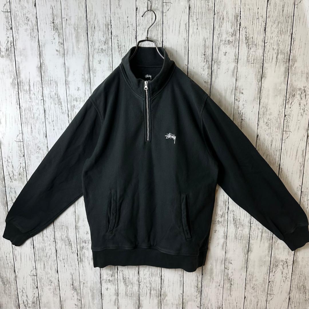 ステューシー ハーフジップ スウェット 黒 ブラック L モックネック ホワイト