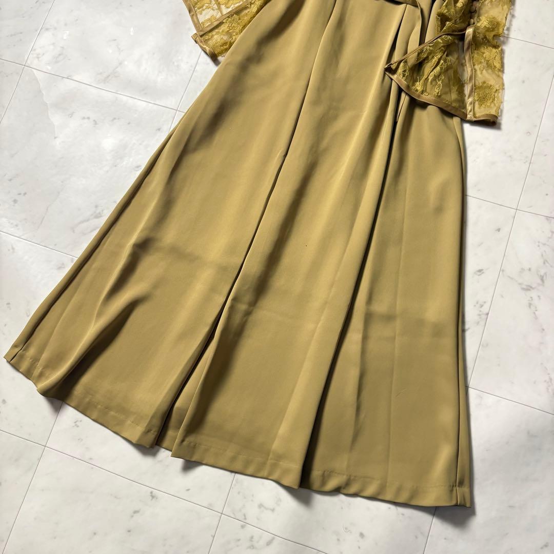 新品同様 アメリ AMERI レーススリーブロングドレス マスタード ベルト付き