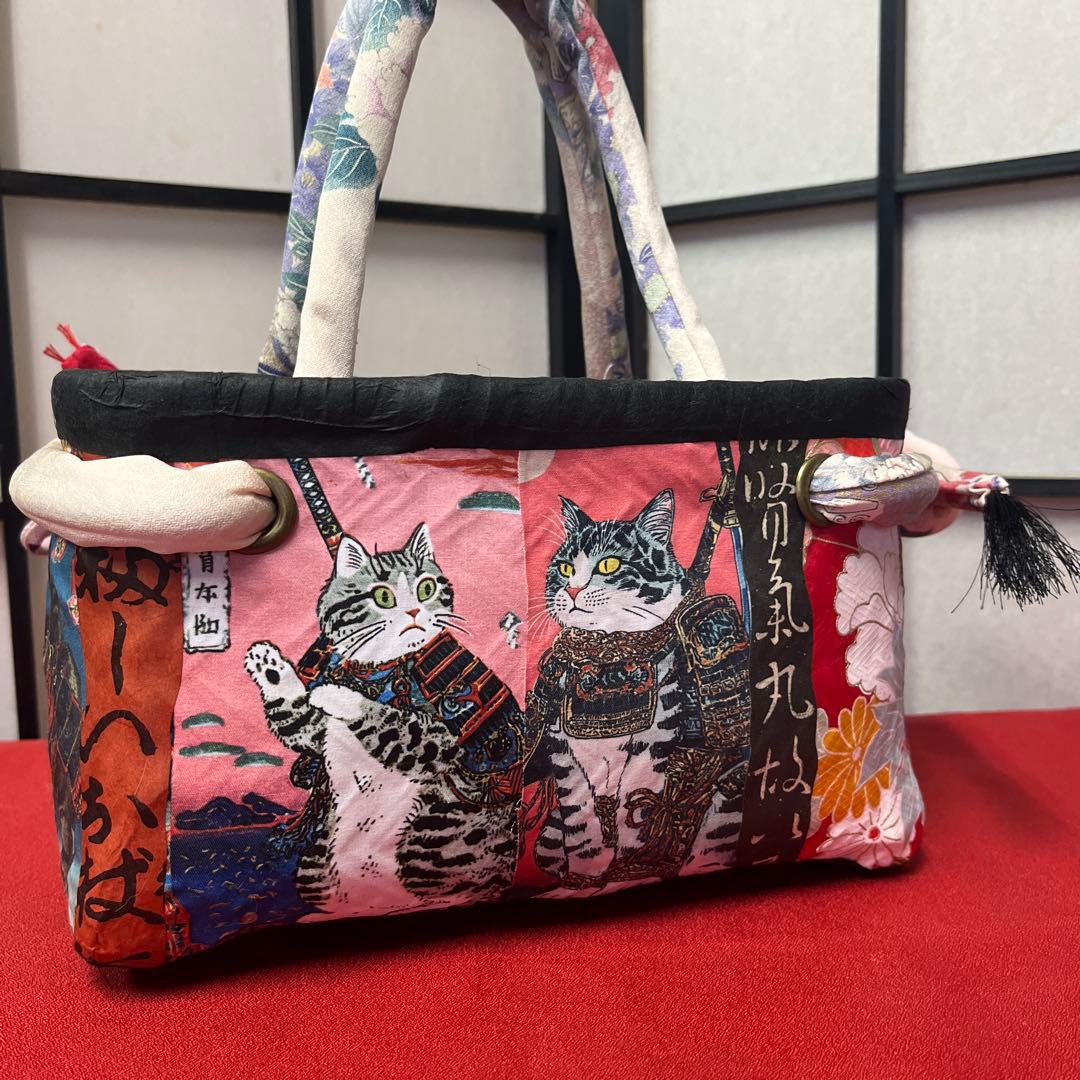 和猫 一閑張り バッグ かごバッグ ハンドバッグ 花 浮世絵 和柄 小さめ