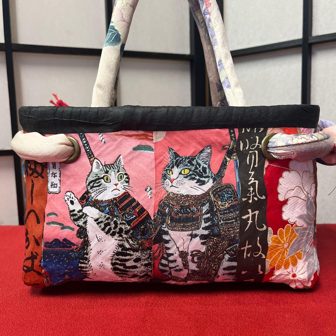 和猫 一閑張り バッグ かごバッグ ハンドバッグ 花 浮世絵 和柄 小さめ
