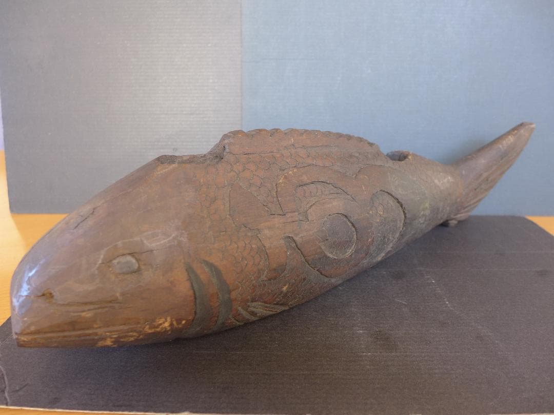 時代物　囲炉裏道具　自在鉤　一刀彫り鯉(横木)　寿・水の文字彫り　レトロ