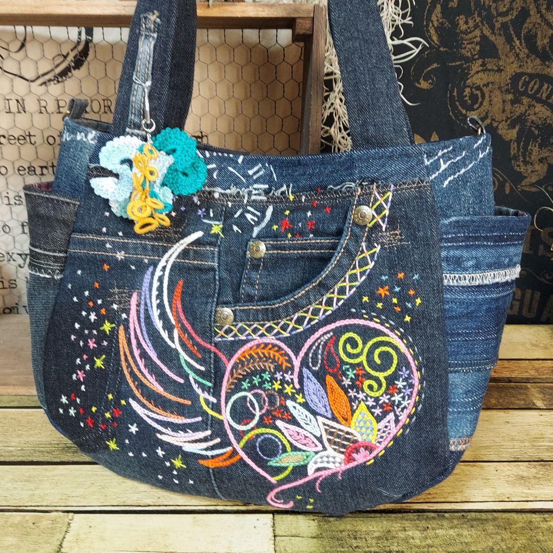 刺繍デニムバック　No.670　デニムリメイクチューリップバック　刺繍バック