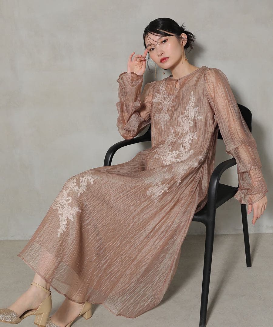 シアーAラインワンピースドレス　結婚式 花柄