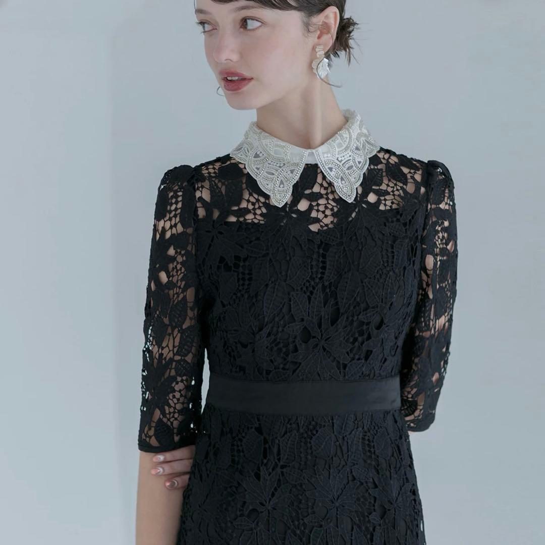 【新品未使用タグ付き】LEJA 花柄レースビジューカラーAラインワンピースドレス