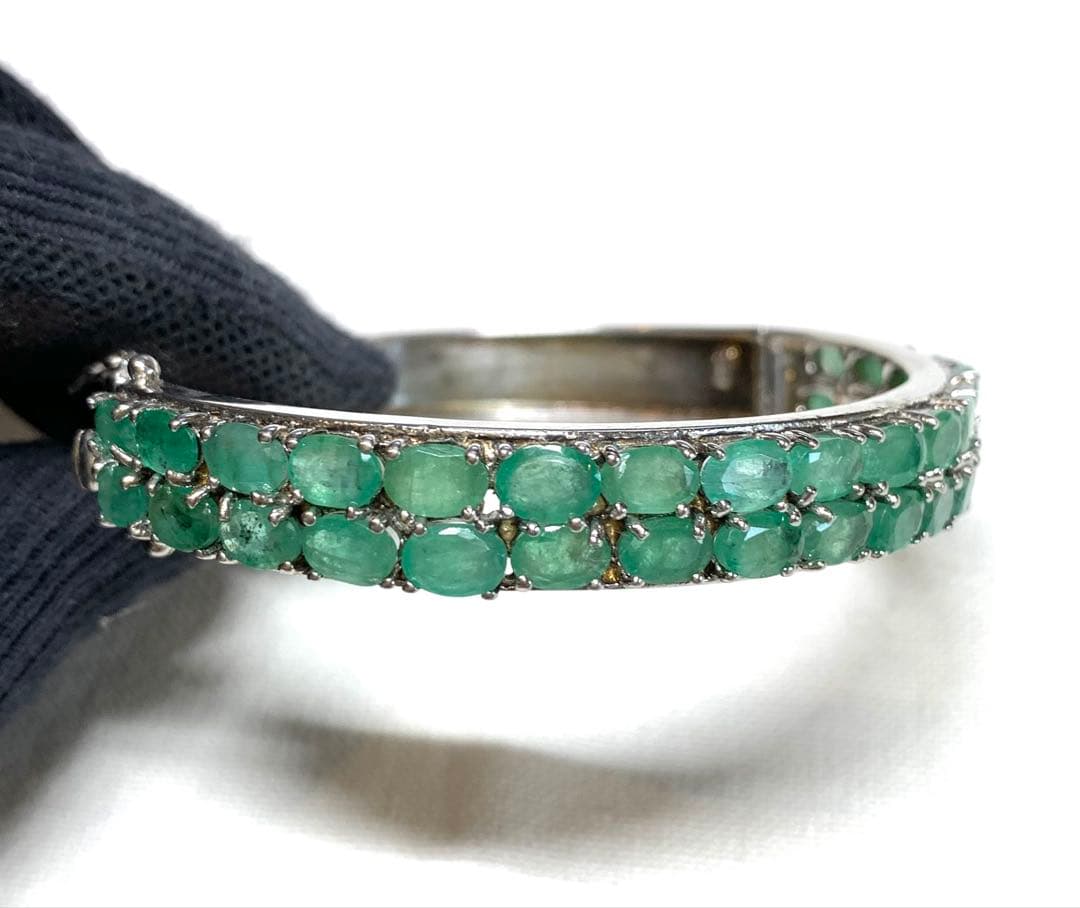 エメラルド＋シルバー925　バングル　レア　内径約57mm