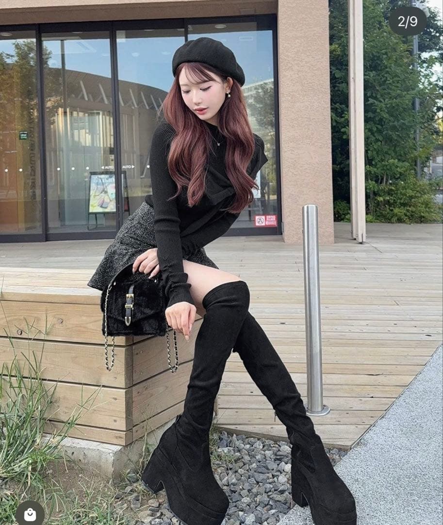 cherimi ブラック スエード オーバーザニー ブーツ