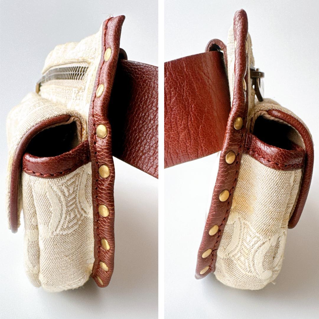 希少 セリーヌ マカダム ウエストバッグ ベージュ×ブラウン レザー×キャンバス