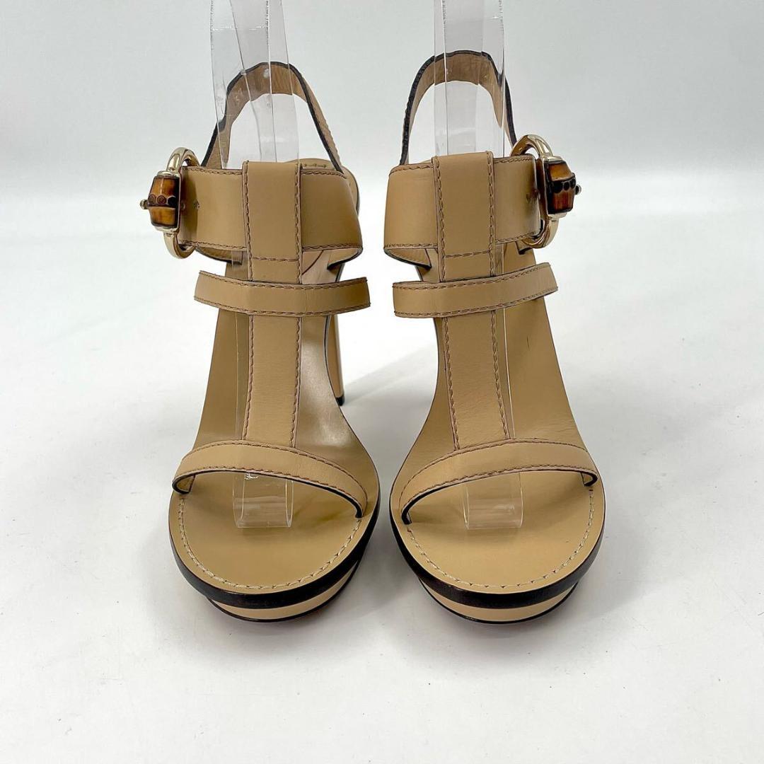 【未使用級】グッチ バンブー ストラップ ベルト サンダル ヒール レザー 本革