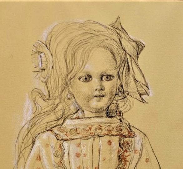 日本洋画壇の重鎮　芝田米三　フランス人形の絵　鉛筆とパステルによるデッサン画