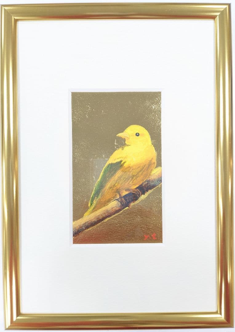 超美品！値下げ交渉あり。金箔を押した黄色い小鳥　アクリル画　絵画