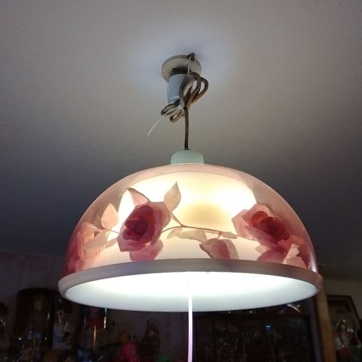 天井照明　造花入り　ピンク　昭和レトロ