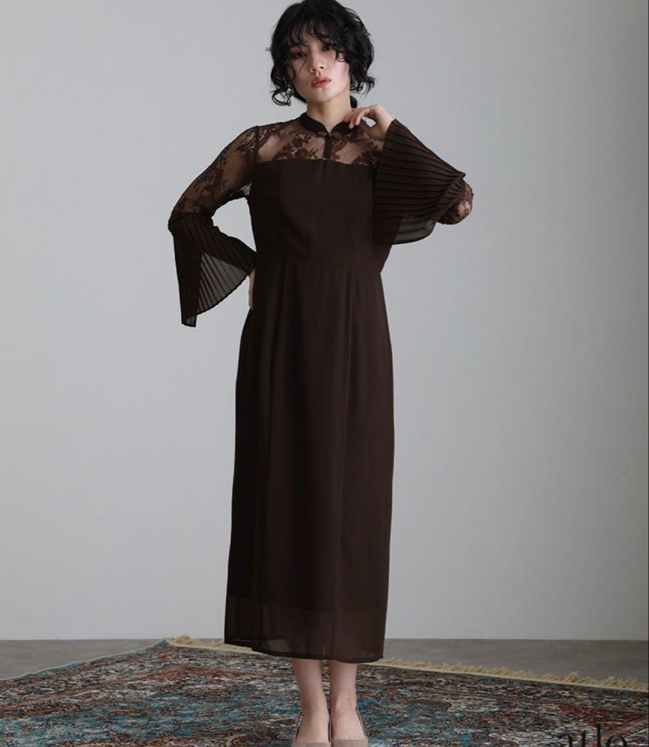 プリーツスリーブレース切り替えチャイナ風ワンピース オケージョンドレス 美品