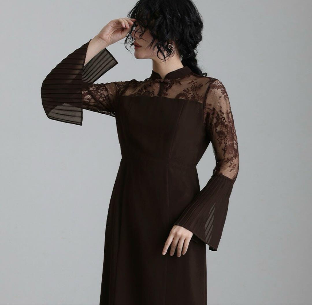 プリーツスリーブレース切り替えチャイナ風ワンピース オケージョンドレス 美品