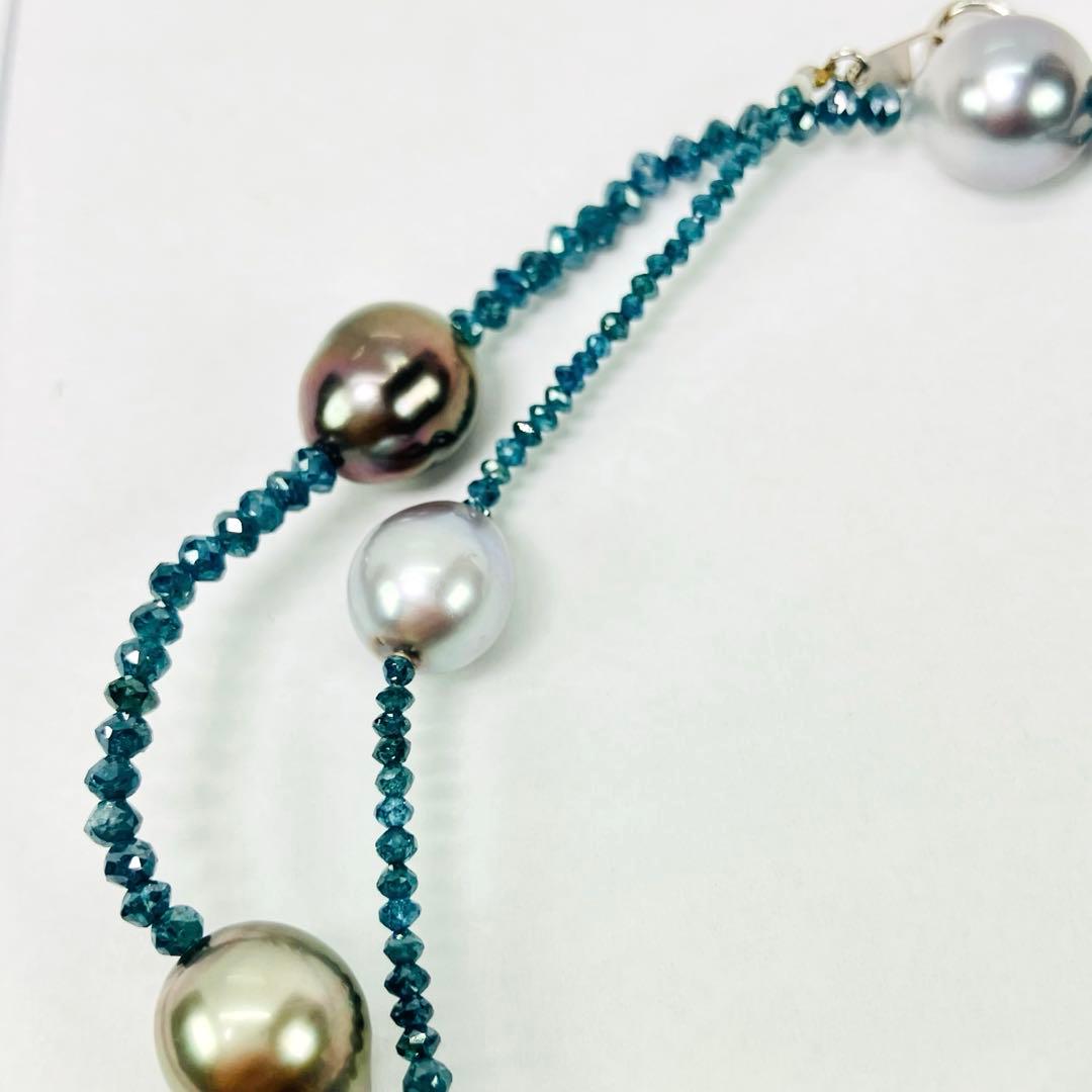 K18WG トリート ブルーダイヤモンド 黒蝶南洋パール ネックレス 鑑別書付