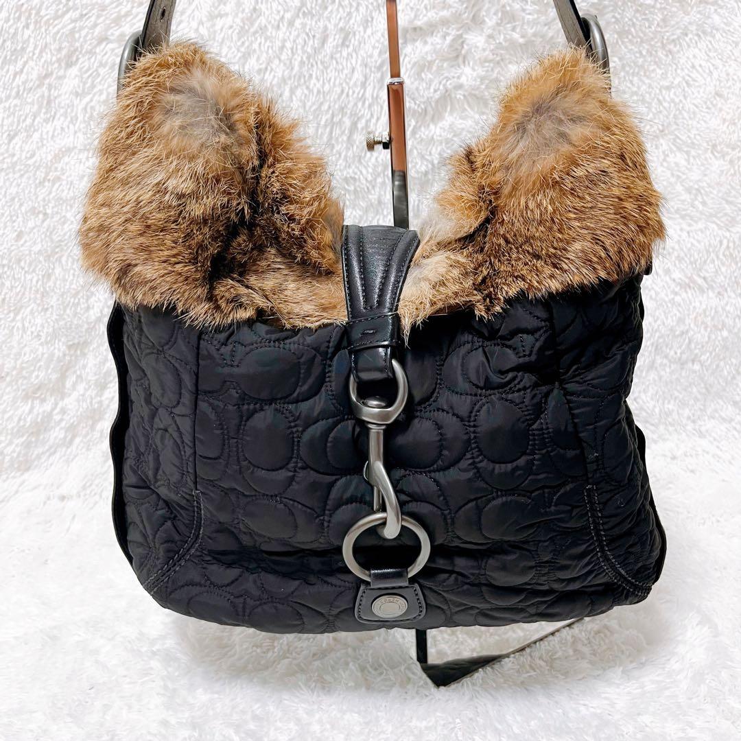 【ラビットファー】COACH レザー ハンドバッグ シグネチャー ナイロン 希少