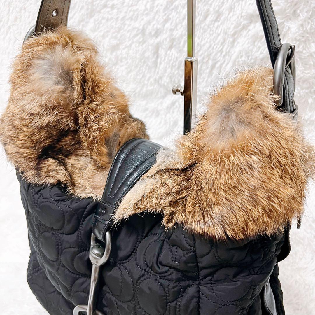 【ラビットファー】COACH レザー ハンドバッグ シグネチャー ナイロン 希少