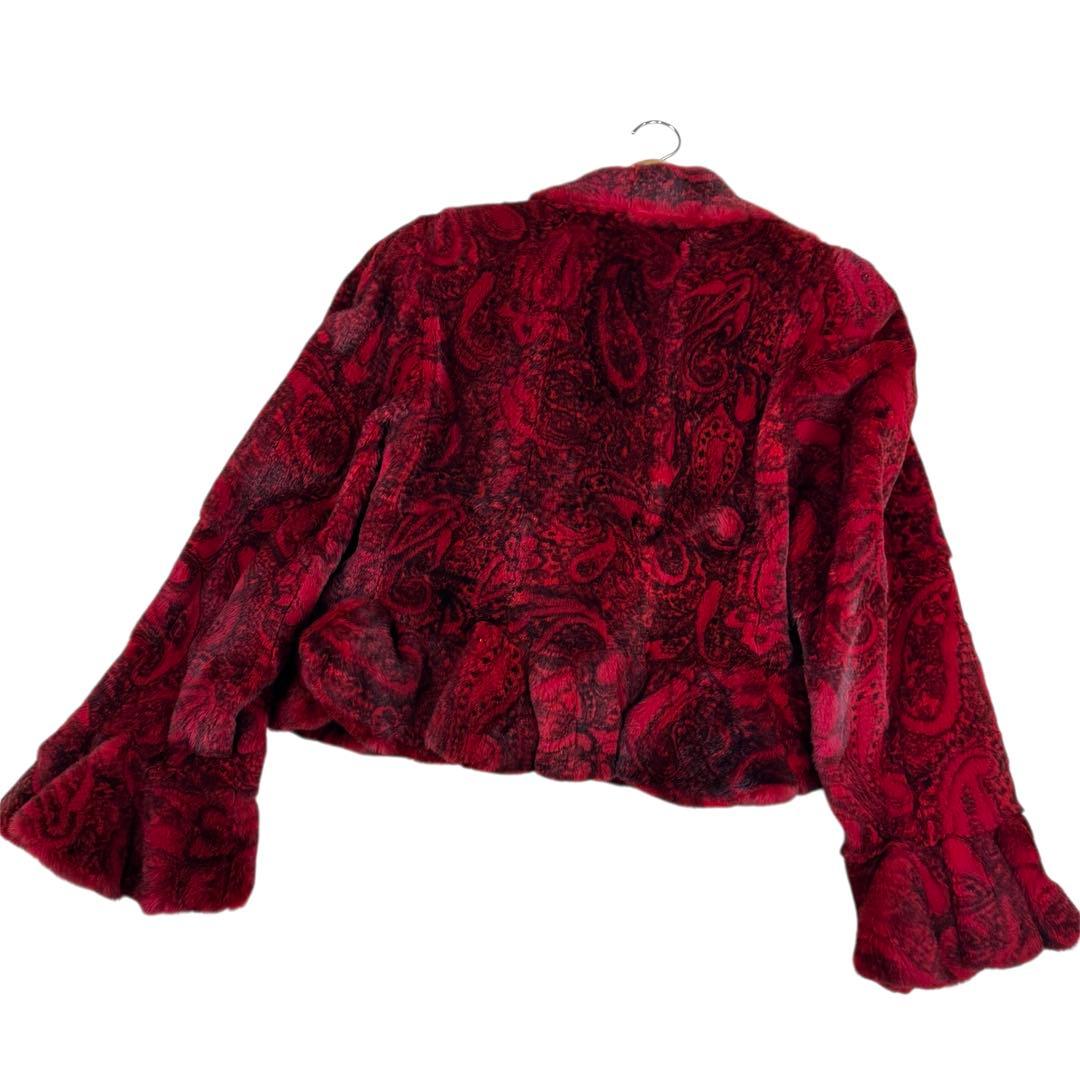 染めミンク レッド シェアード コート 短丈 ベルスリーブ ペプラム 総柄