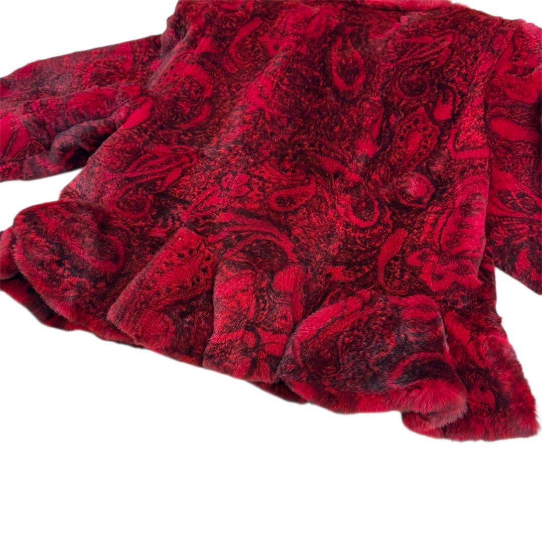 染めミンク レッド シェアード コート 短丈 ベルスリーブ ペプラム 総柄