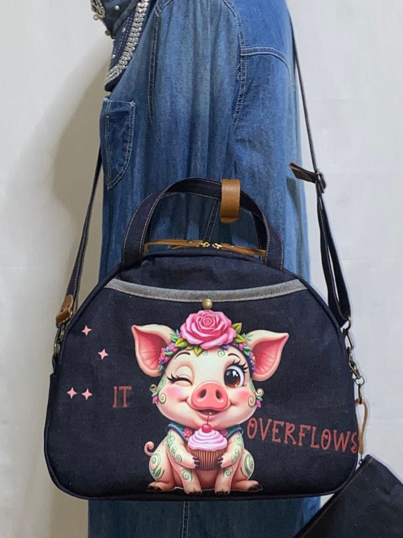☆岡山デニム☆ブタさん☆☆扇型☆リュック対応☆4wayボストンバッグ