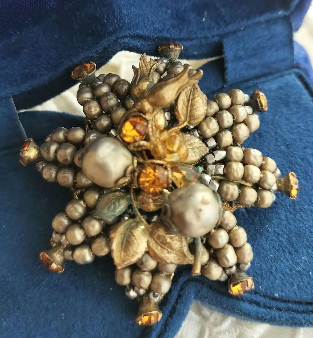 De Marioゴールドパール アンバー色ラインストーン 薔薇の蕾ブローチ 希少