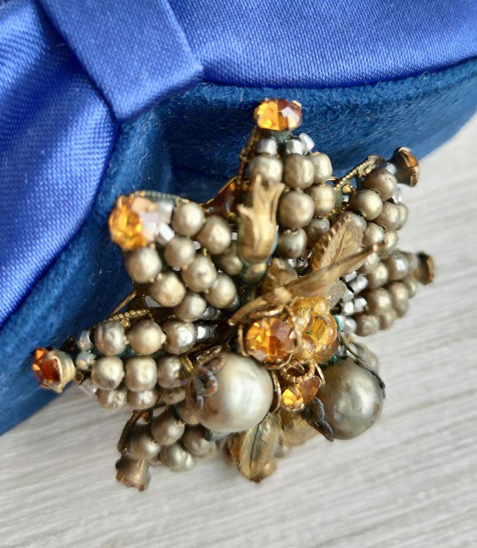 De Marioゴールドパール アンバー色ラインストーン 薔薇の蕾ブローチ 希少