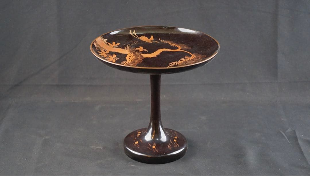 蒔絵　鶴 松紋　丸形黒塗菓子器　共箱　高杯