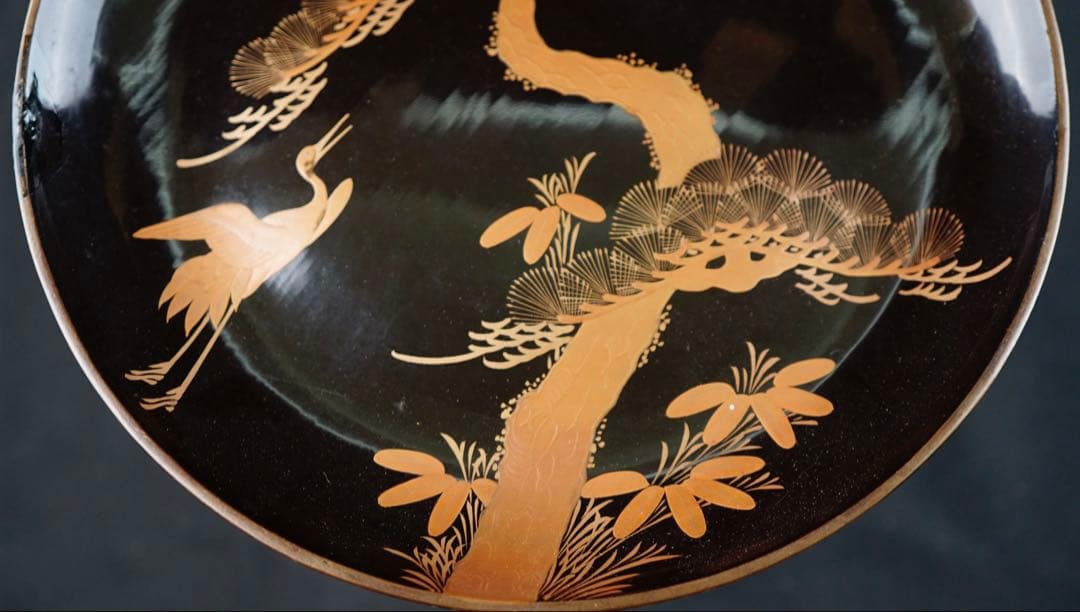蒔絵　鶴 松紋　丸形黒塗菓子器　共箱　高杯