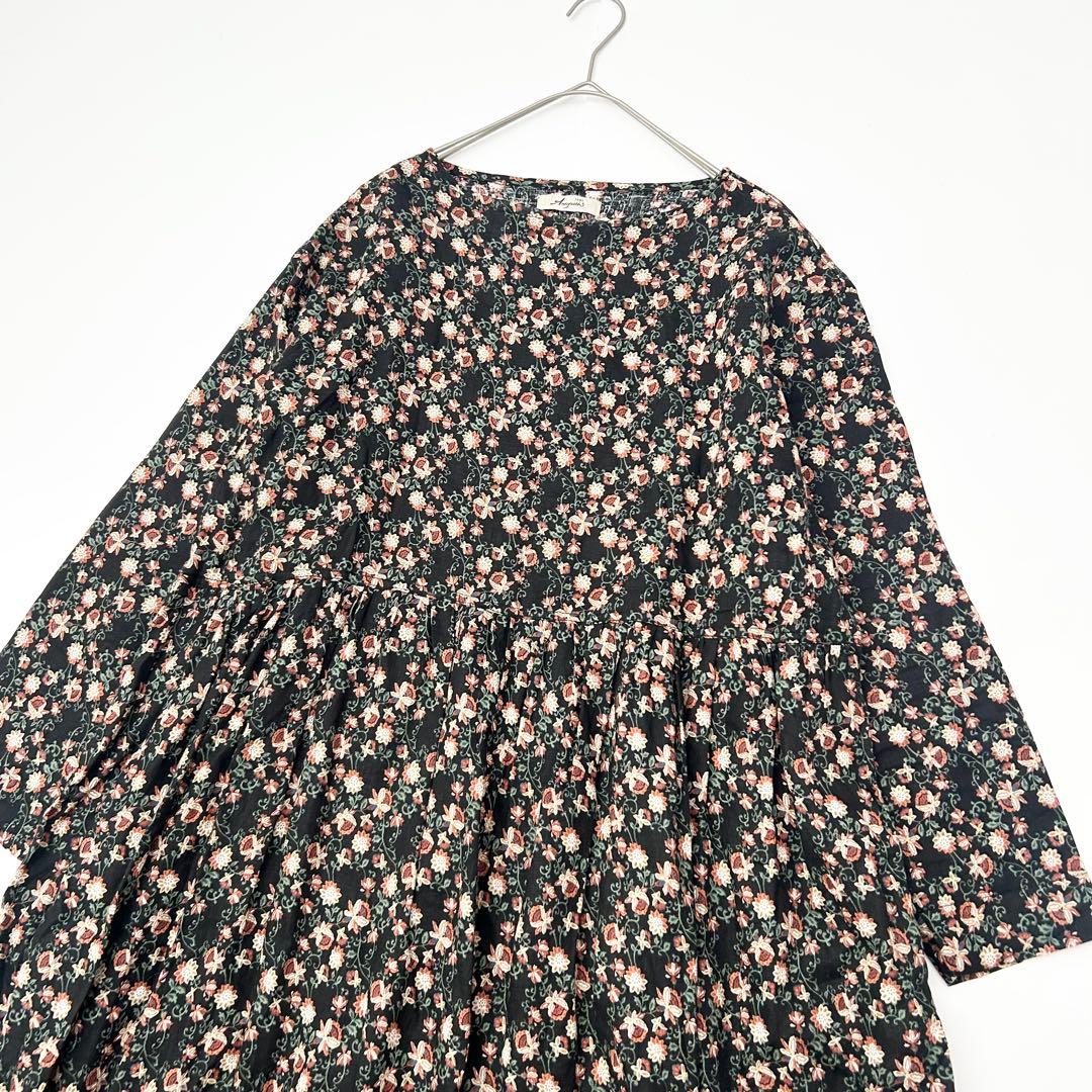 イチアンティークス　花柄ワンピース　麻　ブラック