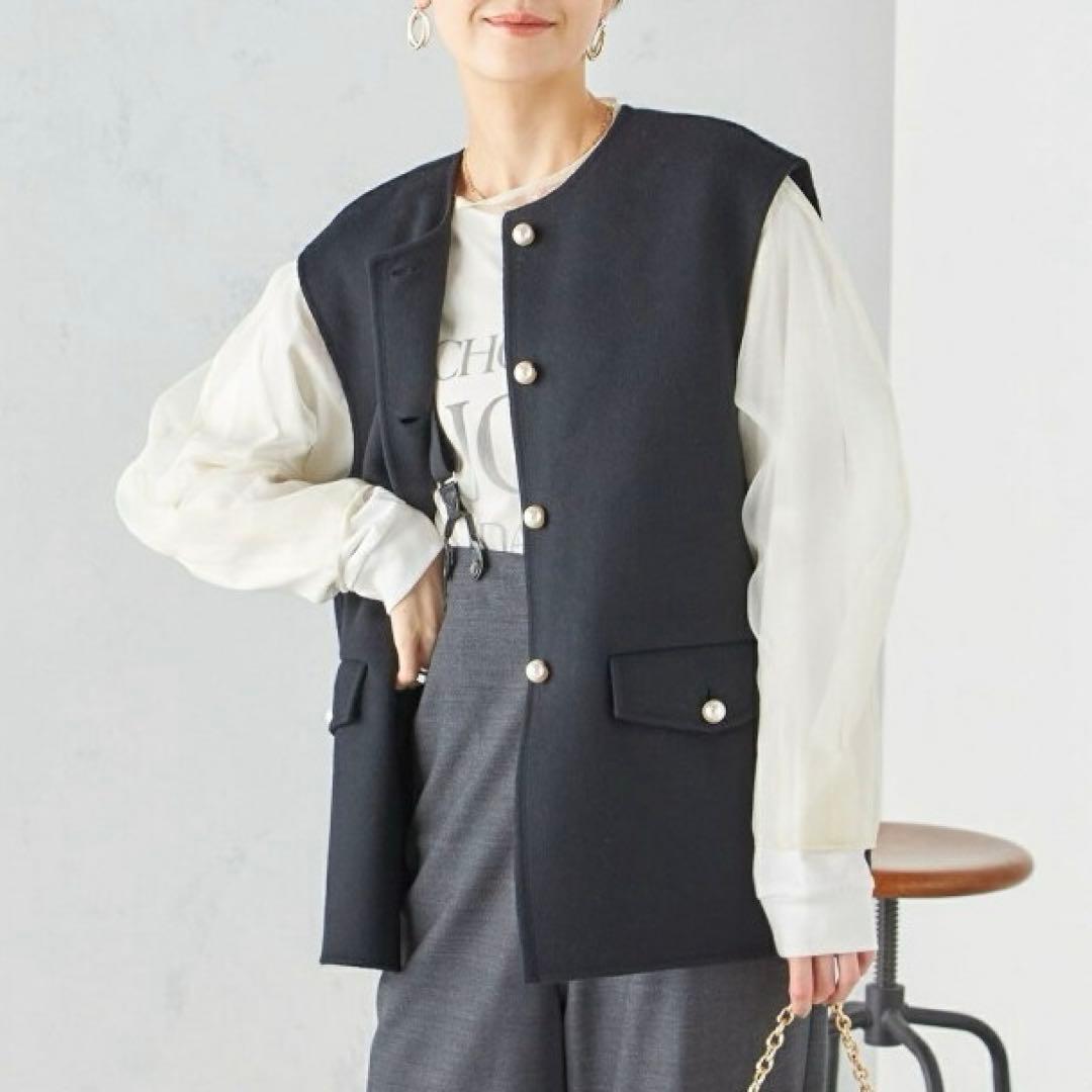 SHIPS SUPER140 ジーロンウール パール モチーフ ボタン ジレ 黒