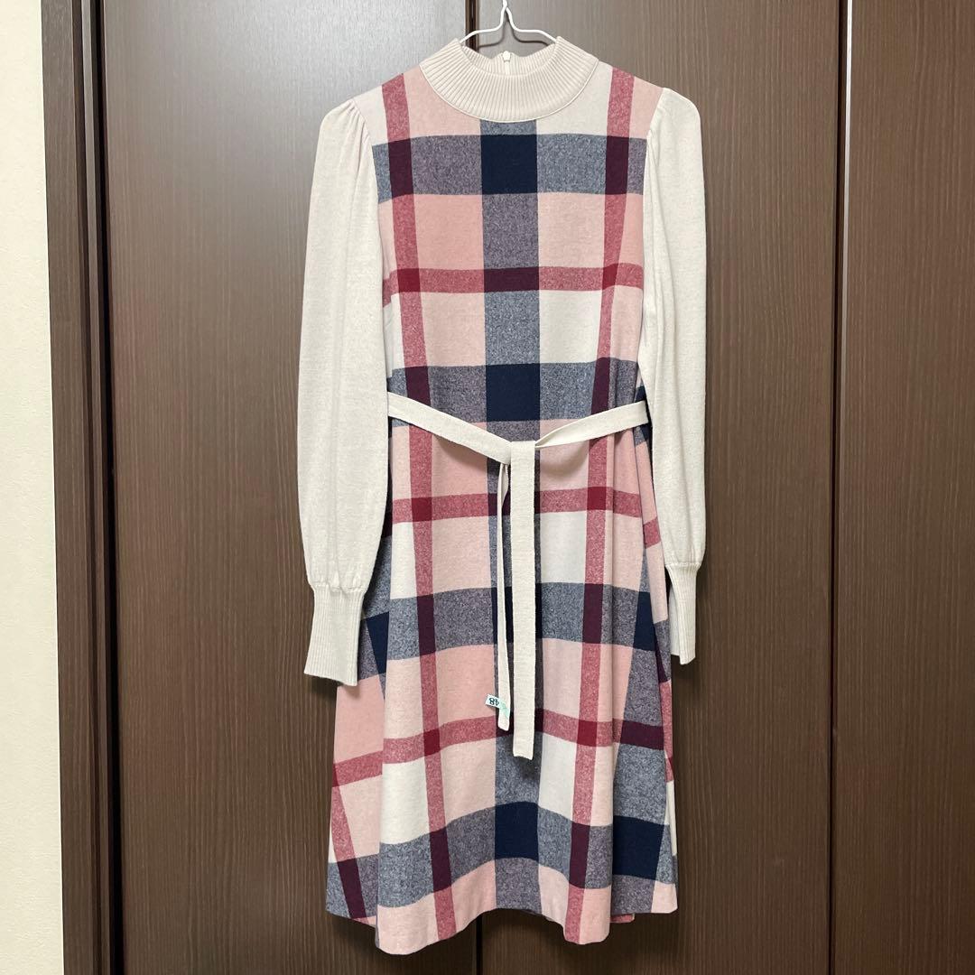 ブルーレーベル クレストブリッジ ニットワンピース ピンクチェック柄　38