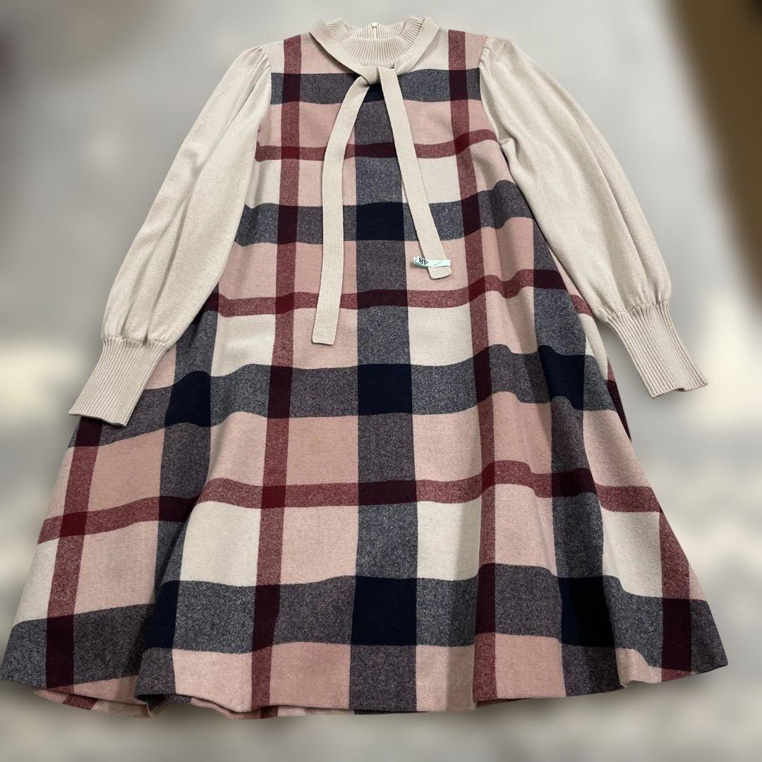 ブルーレーベル クレストブリッジ ニットワンピース ピンクチェック柄　38