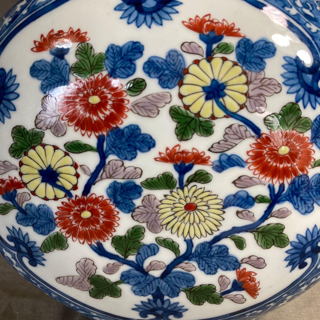 【源右衛門】古伊万里の伝統　日本の名窯　舘林源右衛門作　染錦菊絵　扁壺（花瓶）