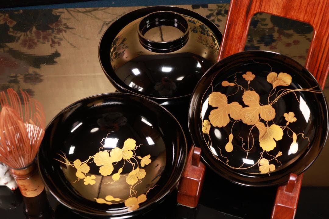 ラミー、BJ123　時代輪島塗　瓢箪図蒔絵　吸物椀　二客　木製 切り金