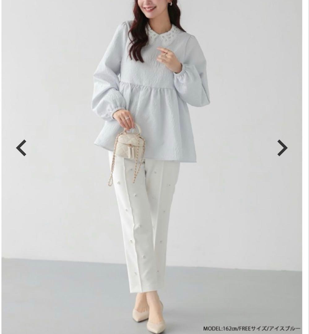 【タグ付き】Fitmore 完売品 ジャガードレース襟ペプラムトップス