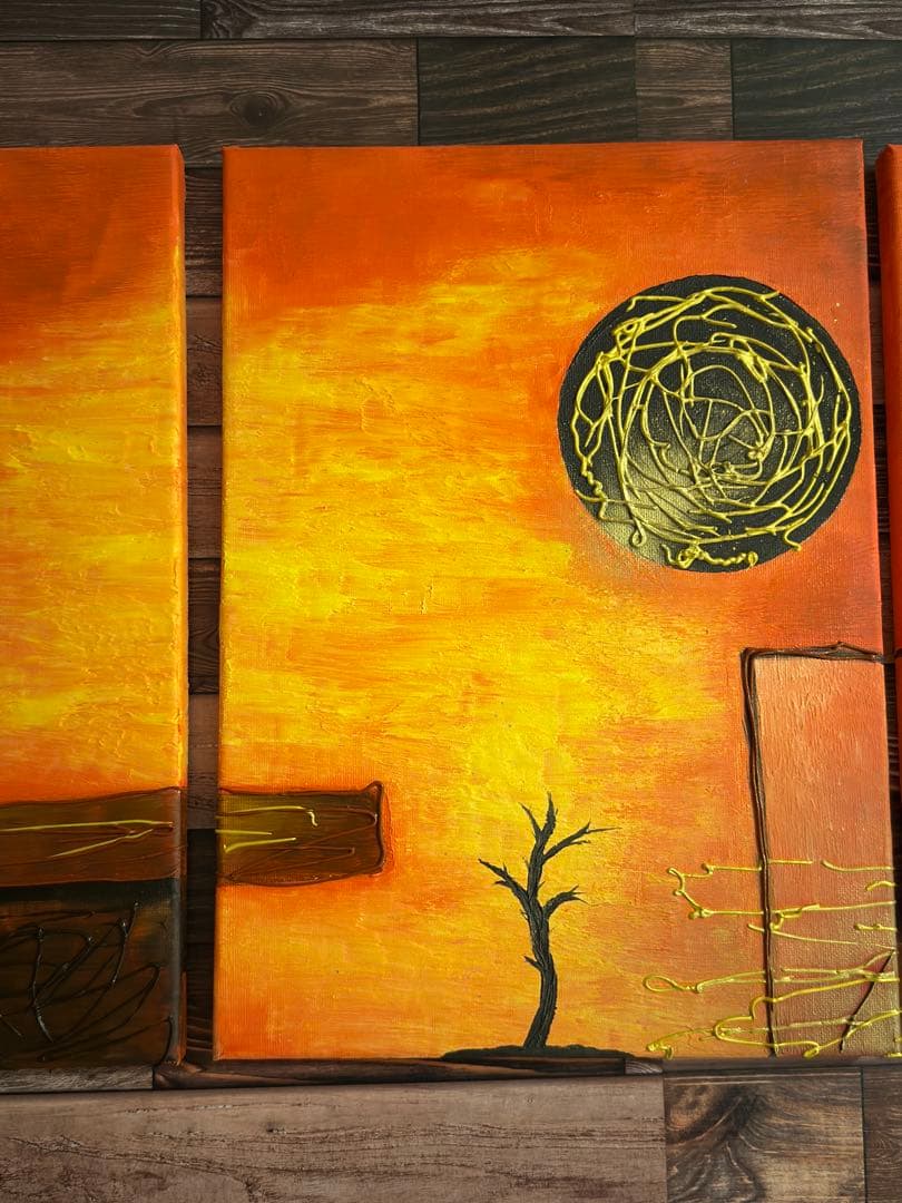 油絵 抽象アート キャンバス三連（F8）｜インテリアアート｜一点物