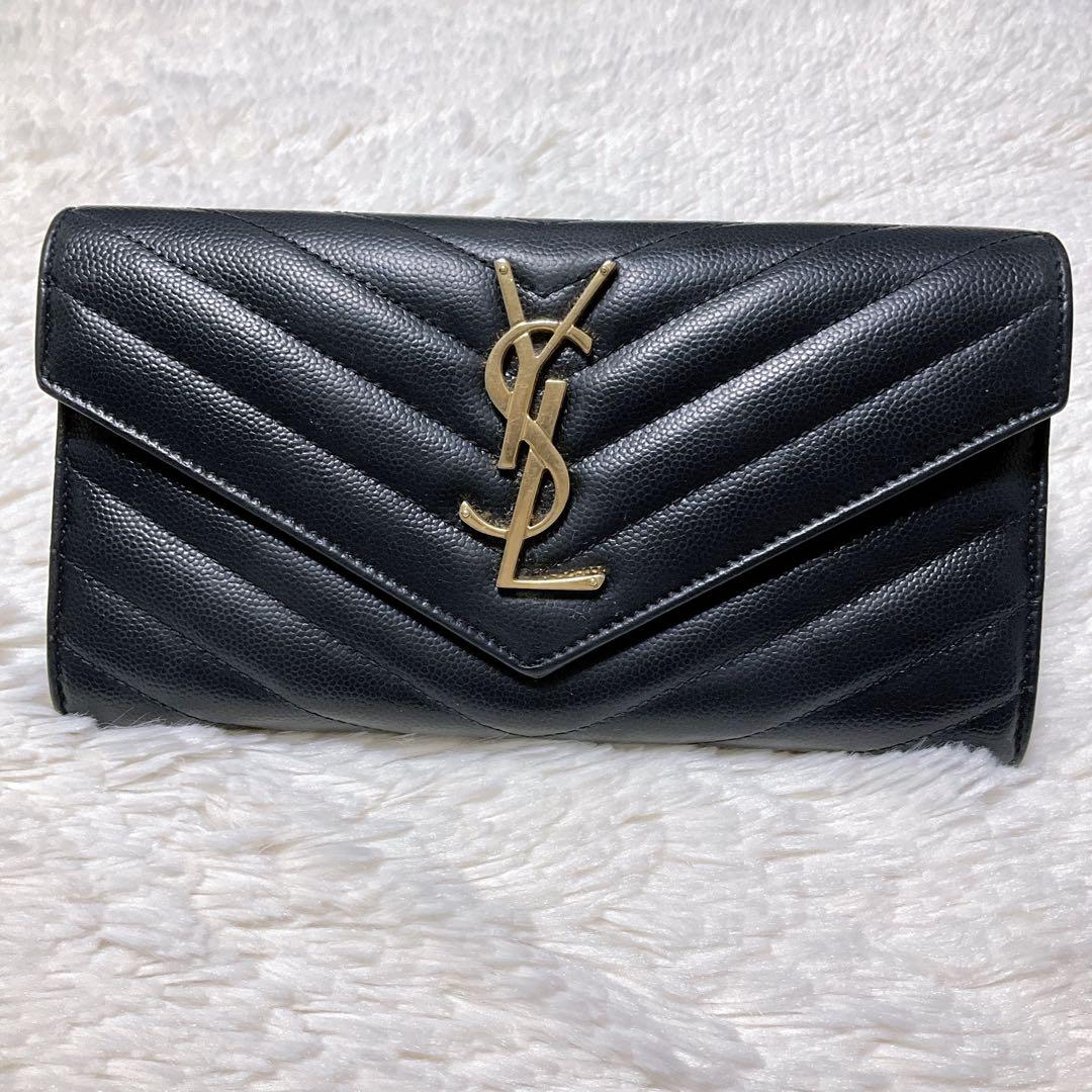 ♡美品♡イヴサンローラン 長財布 レザー Vステッチ キルティング カサンドラ黒
