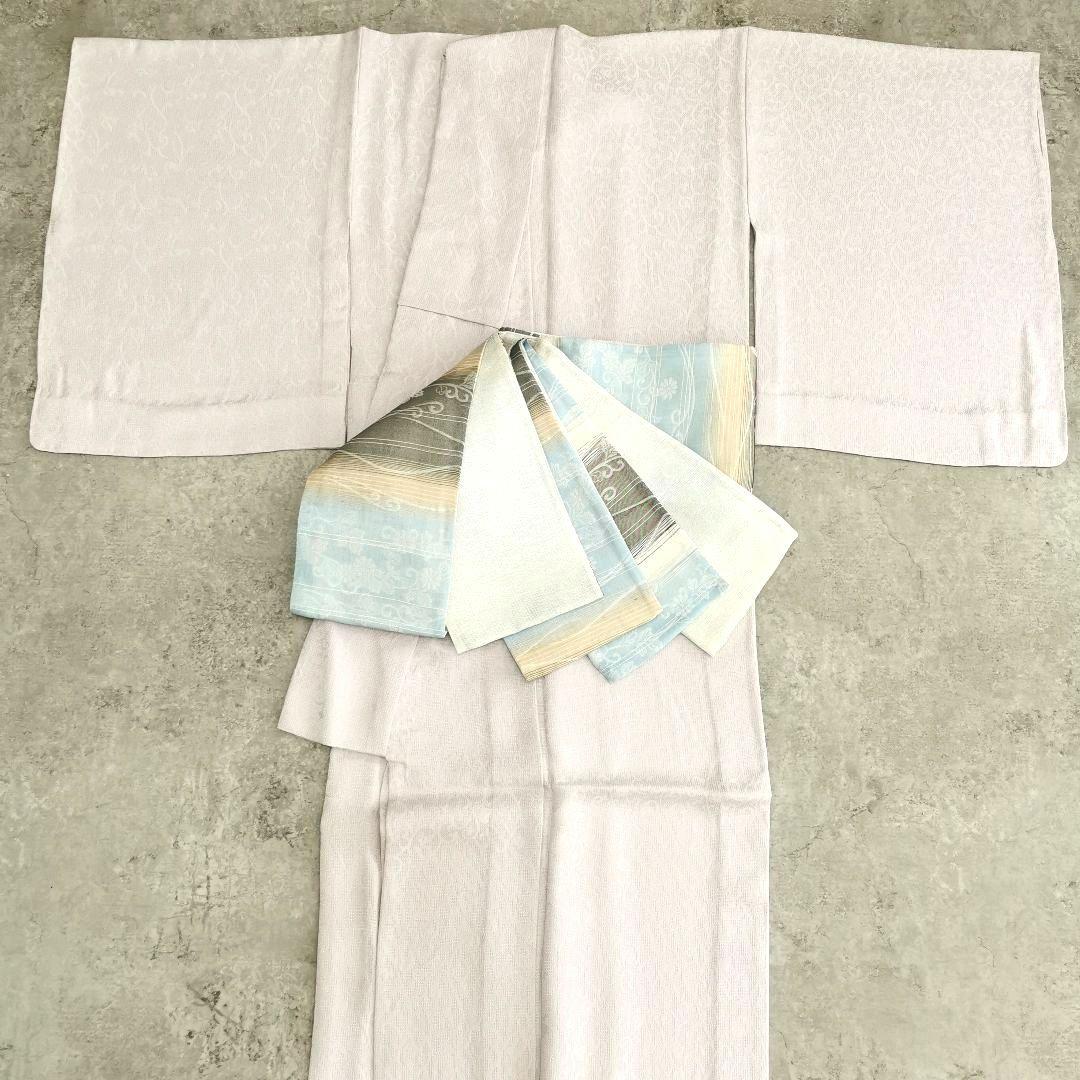 【一点物×一生モノ】正絹 紋紗の半幅帯 リバーシブル 水色 グレー 涼しげ