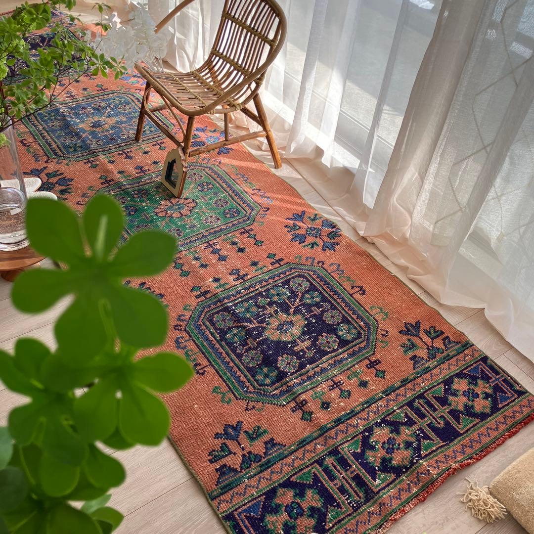 レア✳︎３m60 魔除デザイン84×360オレンジランナー　トルコヴィンテージラグ