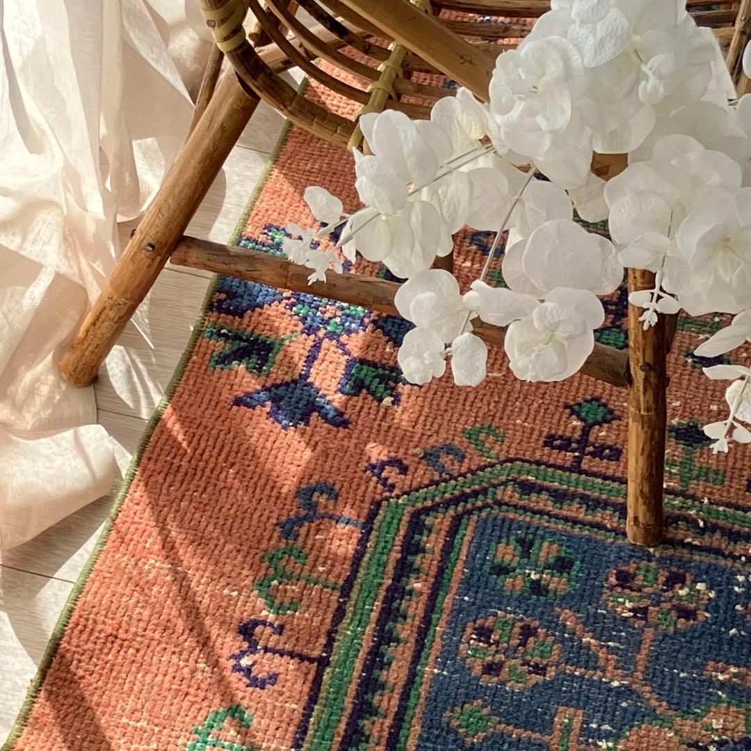 レア✳︎３m60 魔除デザイン84×360オレンジランナー　トルコヴィンテージラグ