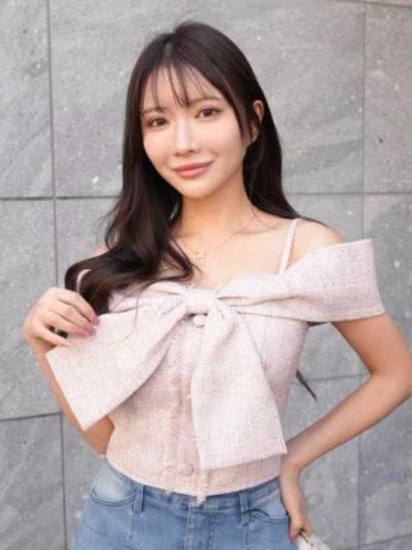 LIPSERVICE ツイードリボンオフショルトップス ピンク